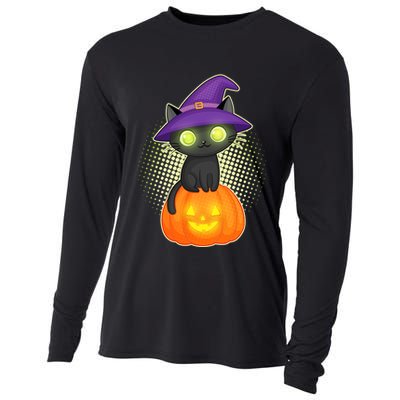 Cute Witch Kitten With Pumpkin Cooling Performance Long Sleeve Crew