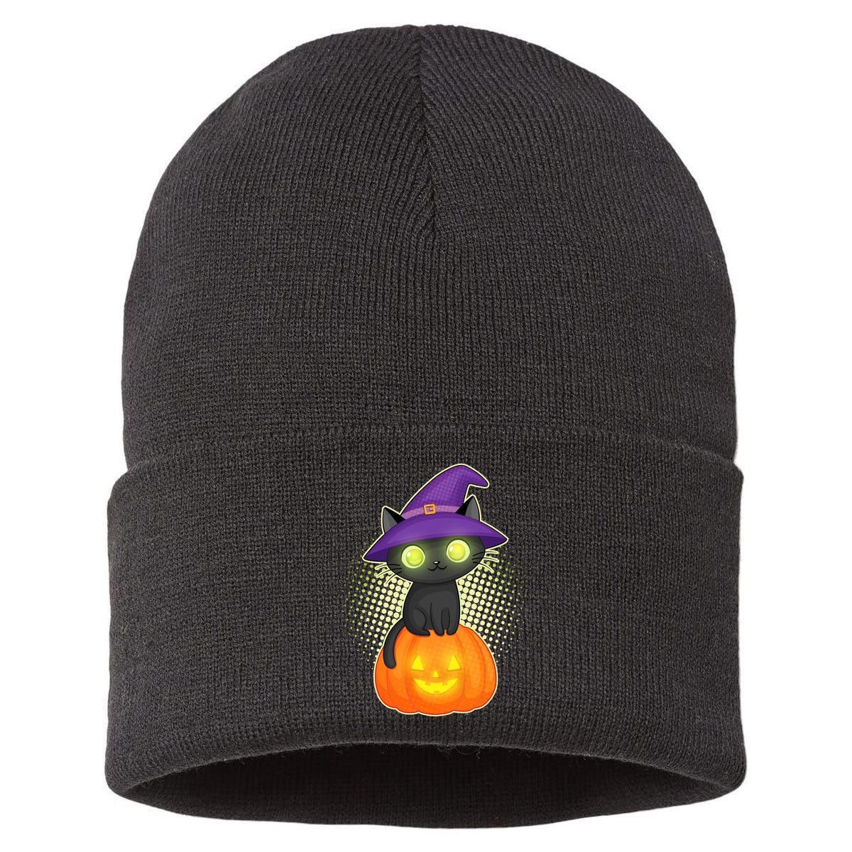 Cute Witch Kitten With Pumpkin Sustainable Knit Beanie