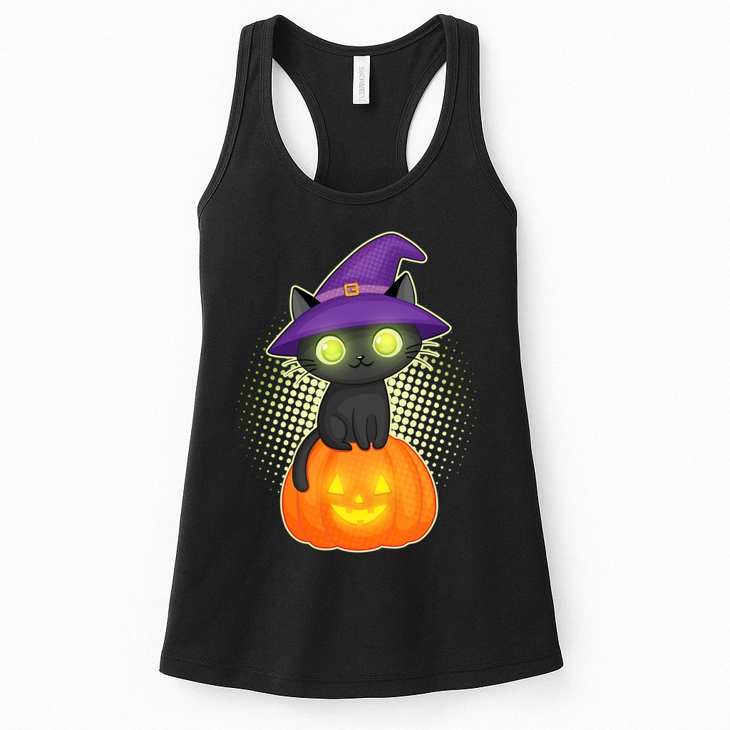 Cute Witch Kitten With Pumpkin Womens Tank Top