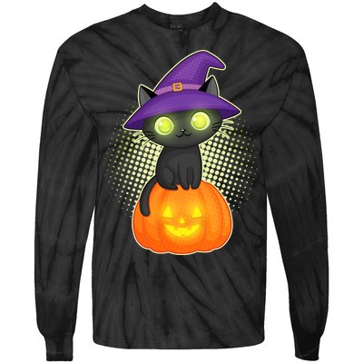 Cute Witch Kitten With Pumpkin Tie-Dye Long Sleeve Shirt