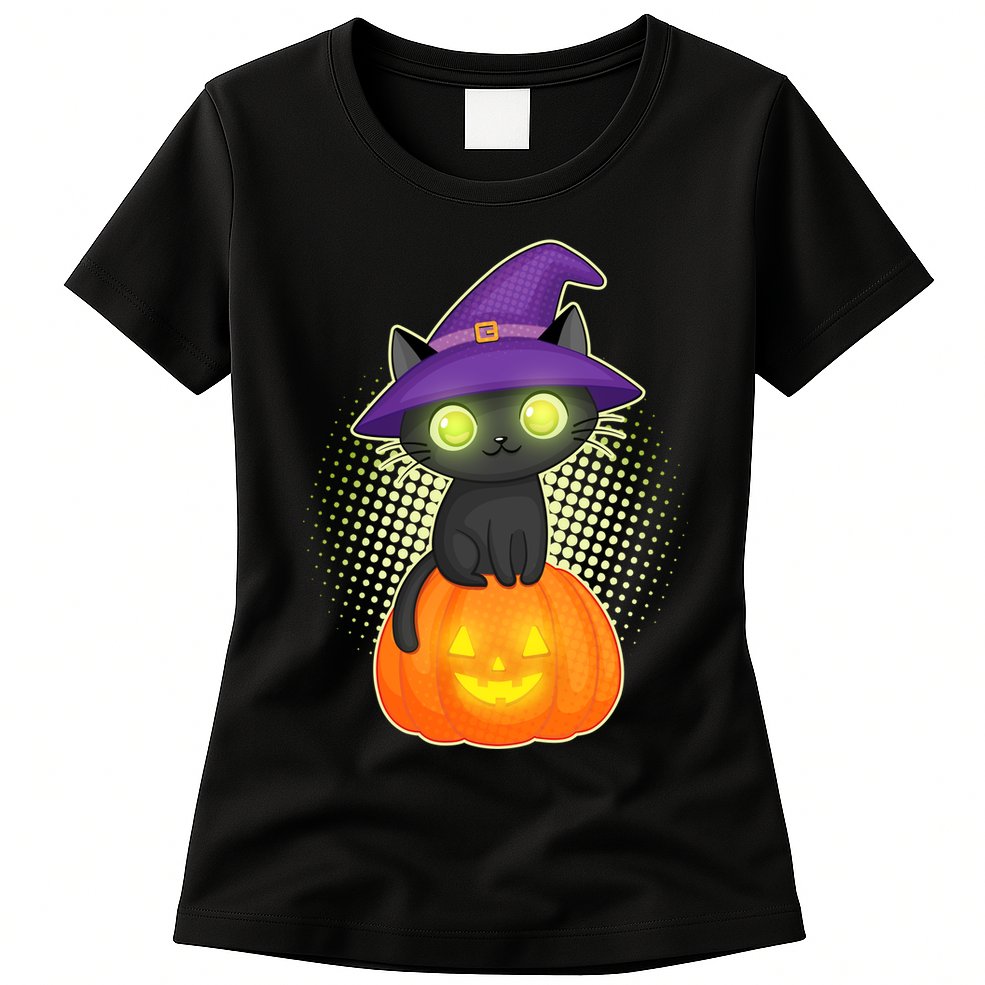Cute Witch Kitten With Pumpkin Womens T-Shirt