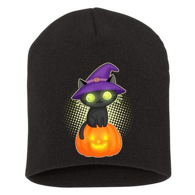 Cute Witch Kitten With Pumpkin Short Acrylic Beanie