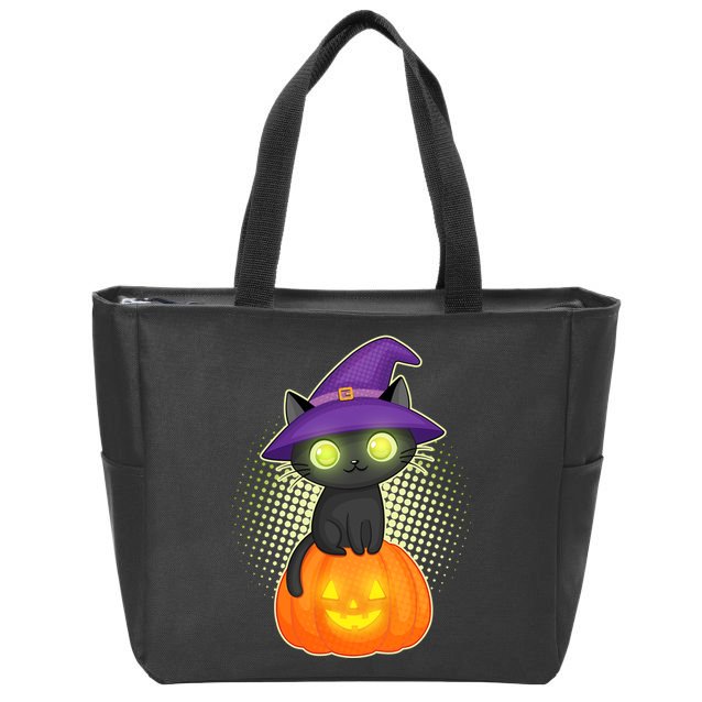Cute Witch Kitten With Pumpkin Zip Tote Bag