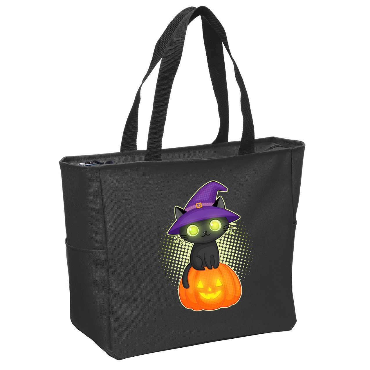 Cute Witch Kitten With Pumpkin Zip Tote Bag