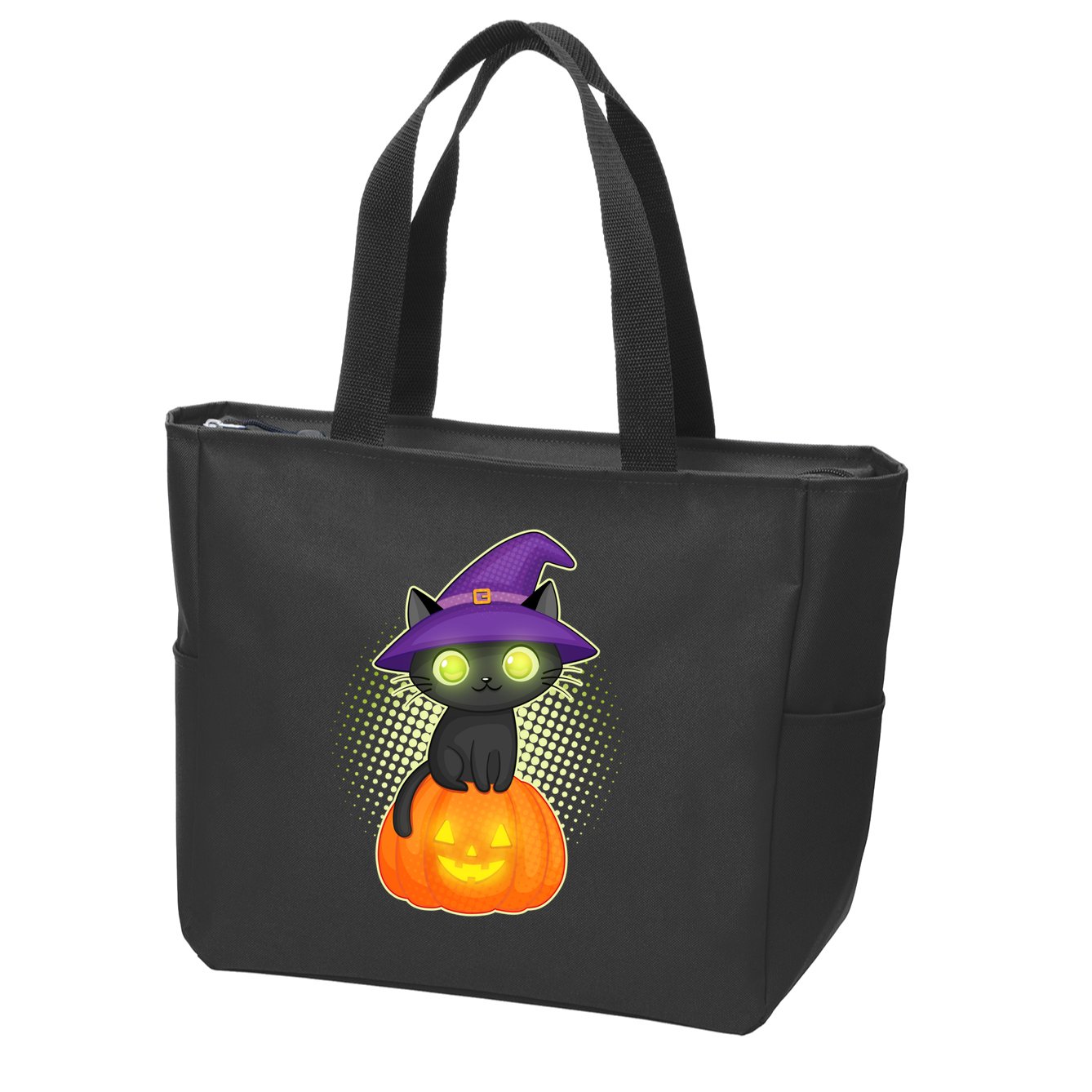 Cute Witch Kitten With Pumpkin Zip Tote Bag