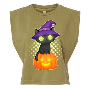 Cute Witch Kitten With Pumpkin Garment-Dyed Women's Muscle Tee