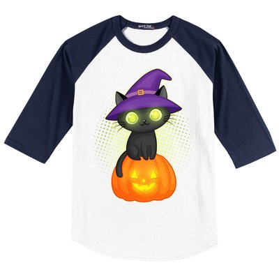 Cute Witch Kitten With Pumpkin Baseball Sleeve Shirt