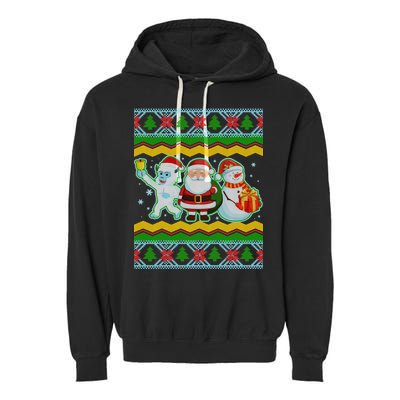 Cute Yeti Santa and Snowman Ugly Sweater Garment-Dyed Fleece Hoodie