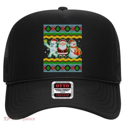 Cute Yeti Santa and Snowman Ugly Sweater High Crown Mesh Back Trucker Hat