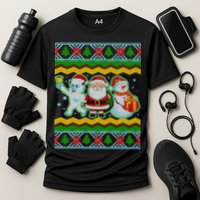 Cute Yeti Santa and Snowman Ugly Sweater Cooling Performance Crew T-Shirt