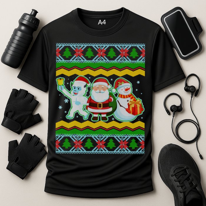 Cute Yeti Santa and Snowman Ugly Sweater Cooling Performance Crew T-Shirt