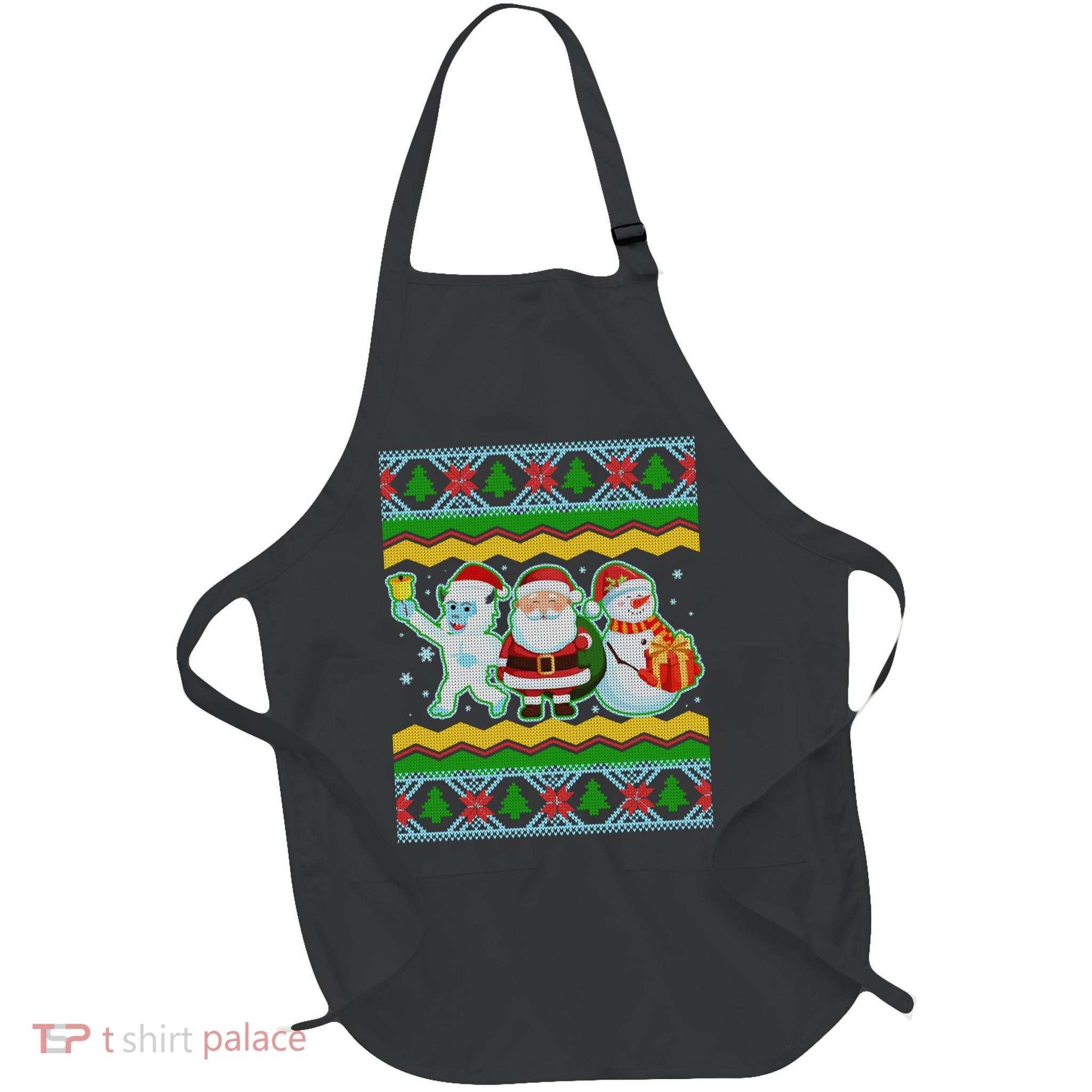 Cute Yeti Santa and Snowman Ugly Sweater Full-Length Apron With Pockets