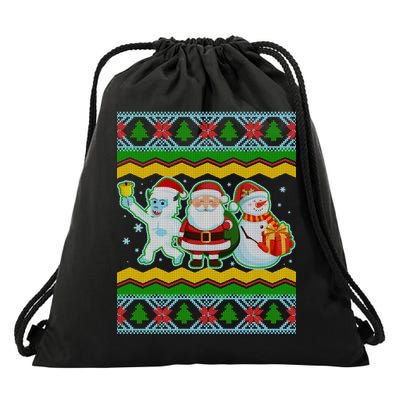 Cute Yeti Santa and Snowman Ugly Sweater Drawstring Bag