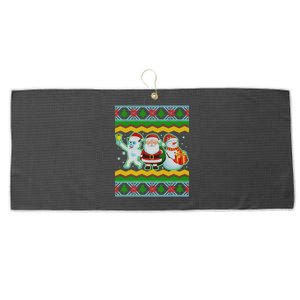 Cute Yeti Santa and Snowman Ugly Sweater Large Microfiber Waffle Golf Towel