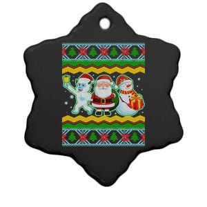 Cute Yeti Santa and Snowman Ugly Sweater Ceramic Star Ornament