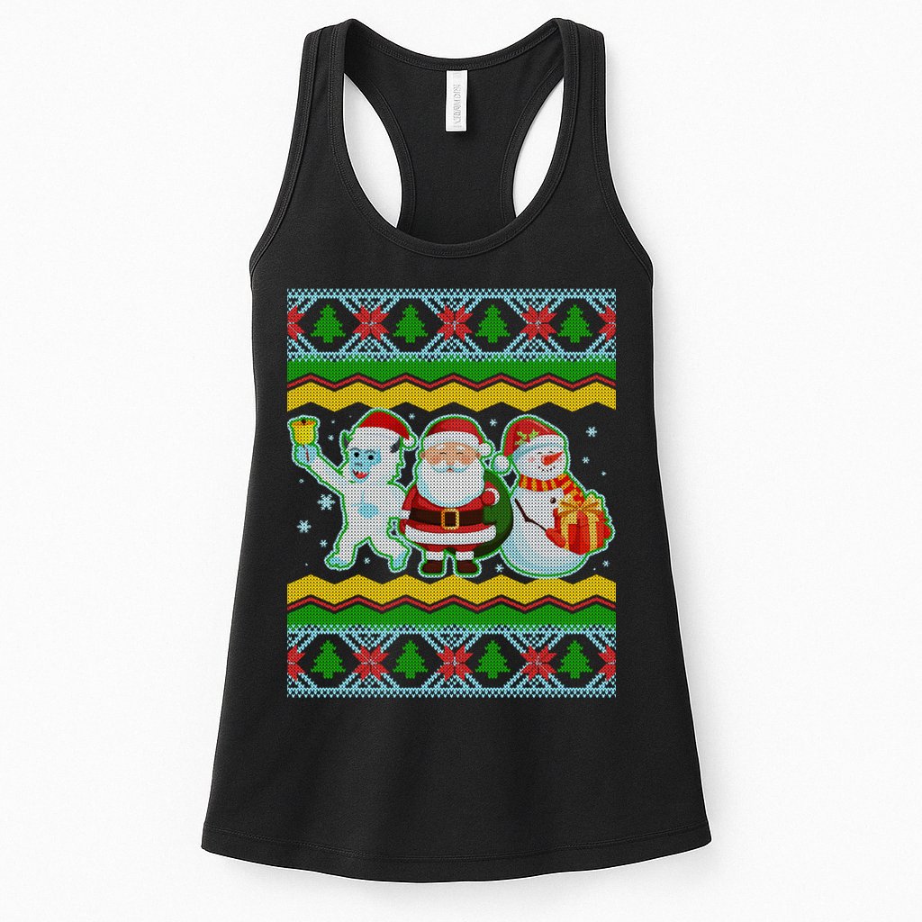 Cute Yeti Santa and Snowman Ugly Sweater Womens Tank Top