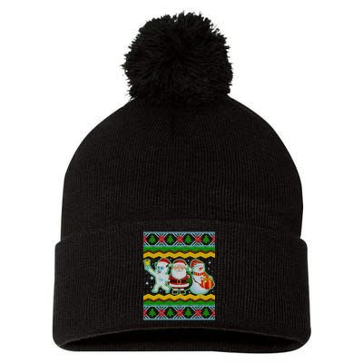 Cute Yeti Santa and Snowman Ugly Sweater Pom Pom 12in Knit Beanie