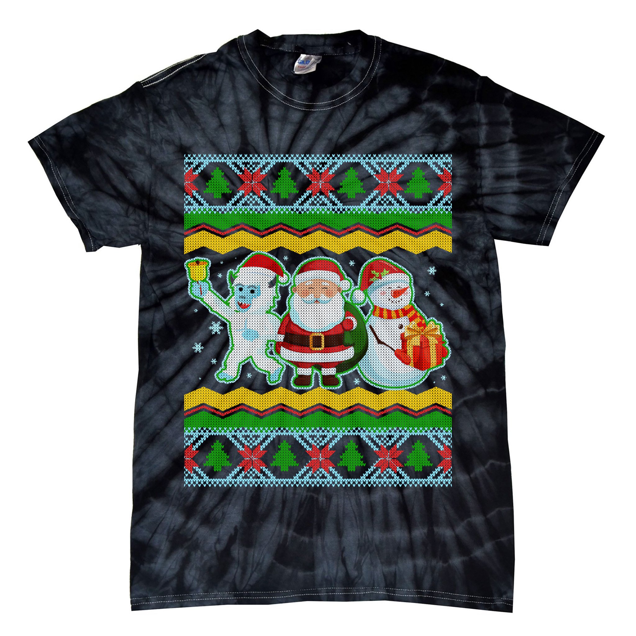 Cute Yeti Santa and Snowman Ugly Sweater Tie-Dye T-Shirt