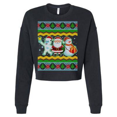 Cute Yeti Santa and Snowman Ugly Sweater Cropped Pullover Crew
