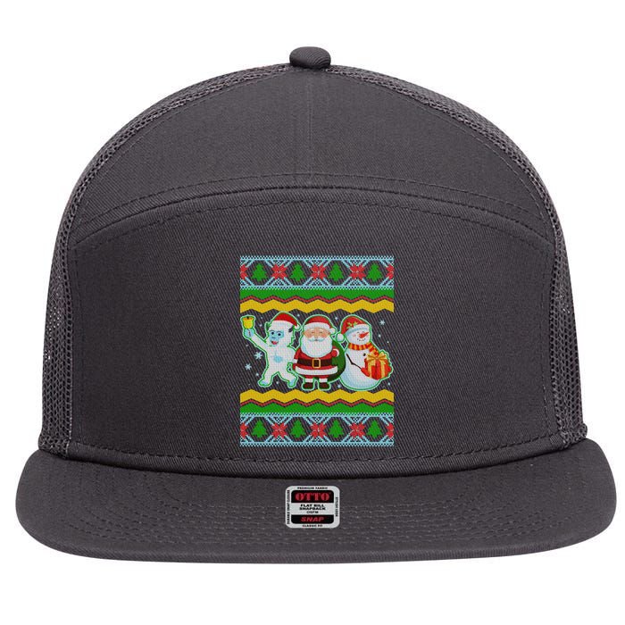 Cute Yeti Santa and Snowman Ugly Sweater 7 Panel Mesh Trucker Snapback Hat
