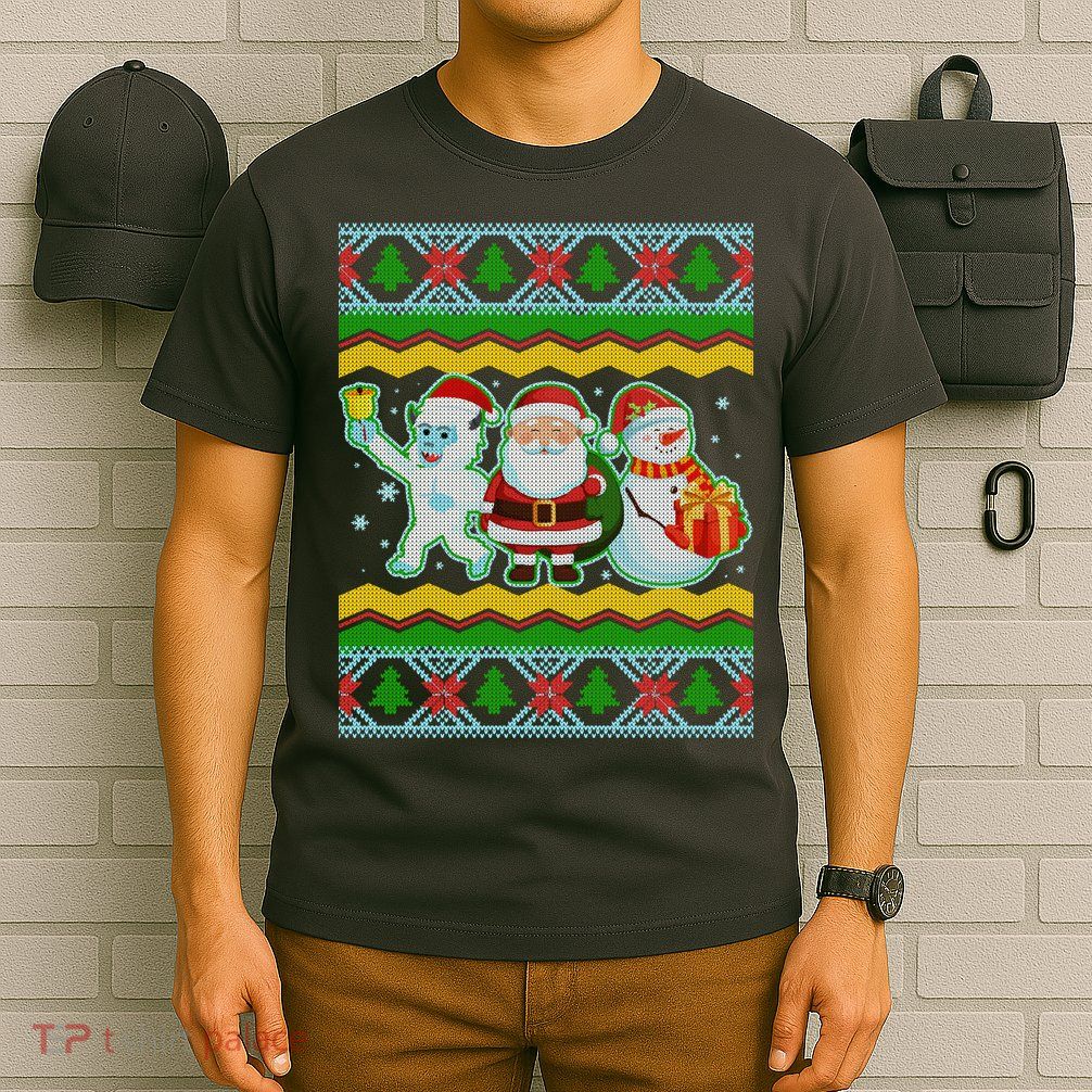Cute Yeti Santa and Snowman Ugly Sweater T-Shirt