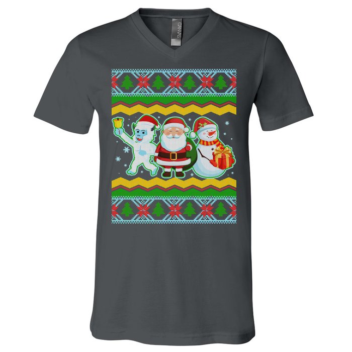 Cute Yeti Santa and Snowman Ugly Sweater V-Neck T-Shirt