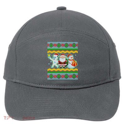 Cute Yeti Santa and Snowman Ugly Sweater 7-Panel Snapback Hat