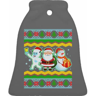 Cute Yeti Santa and Snowman Ugly Sweater Ceramic Bell Ornament