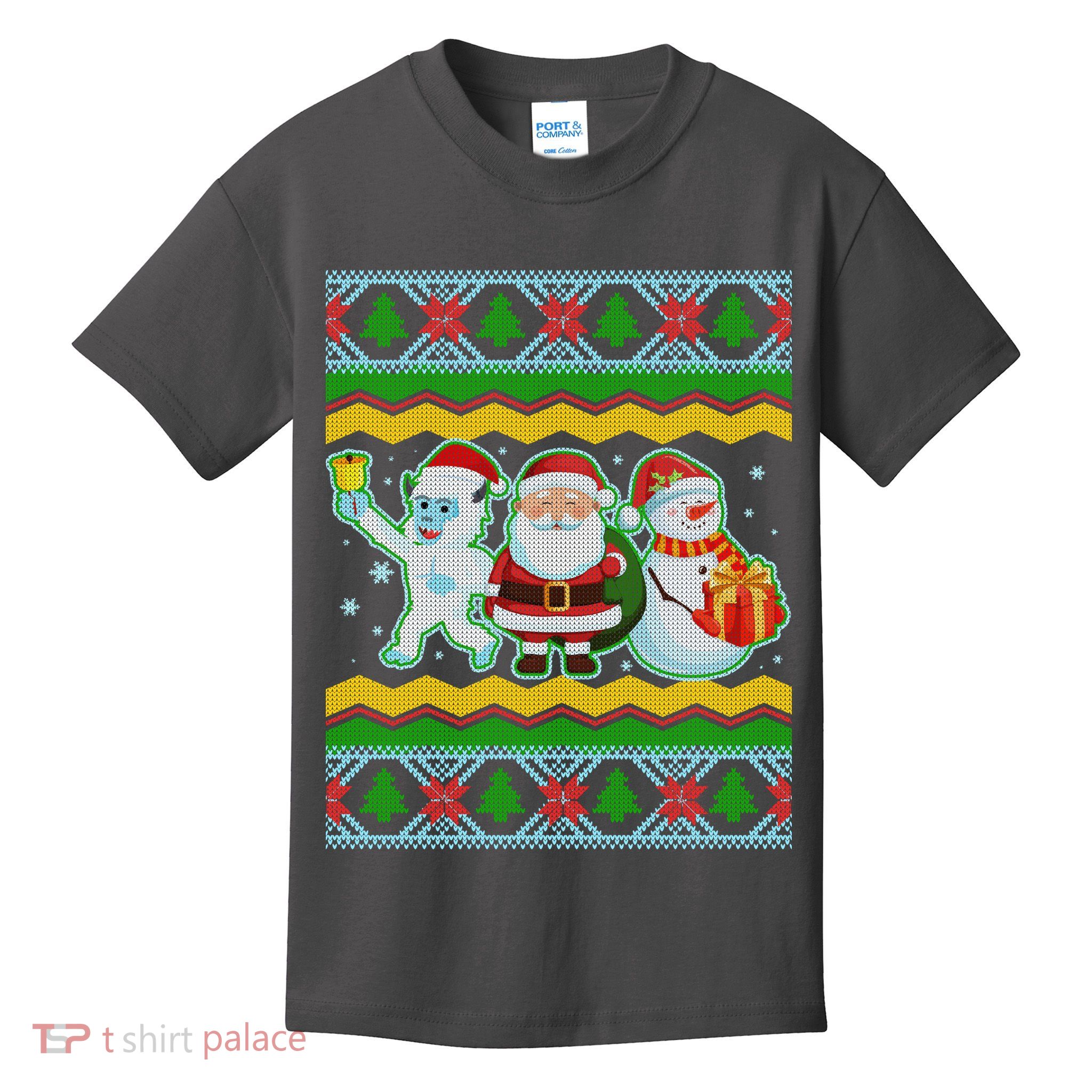 Cute Yeti Santa and Snowman Ugly Sweater Kids T-Shirt