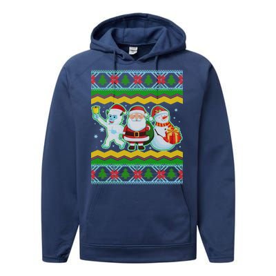 Cute Yeti Santa and Snowman Ugly Sweater Performance Fleece Hoodie