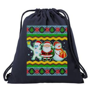 Cute Yeti Santa and Snowman Ugly Sweater Drawstring Bag