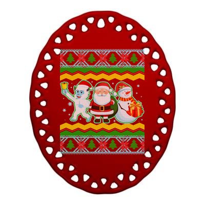 Cute Yeti Santa and Snowman Ugly Sweater Ceramic Oval Ornament