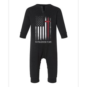 Christian US USA Flag American Christ Faith Over Fear Cross Infant Fleece One Piece