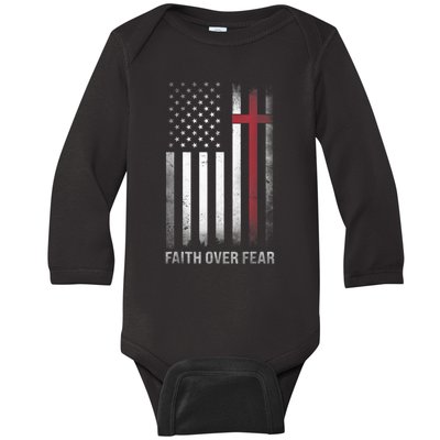 Christian US USA Flag American Christ Faith Over Fear Cross Baby Long Sleeve Bodysuit