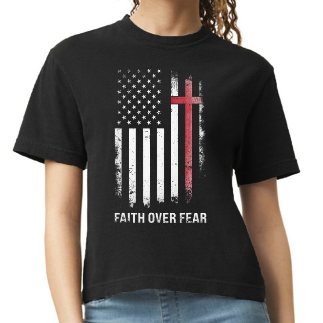 Christian Us Usa Flag American Christ Faith Over Fear Cross Comfort Colors Boxy T-Shirt