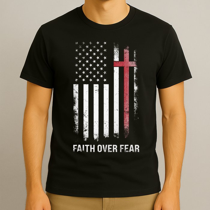 Christian Us Usa Flag American Christ Faith Over Fear Cross T-Shirt