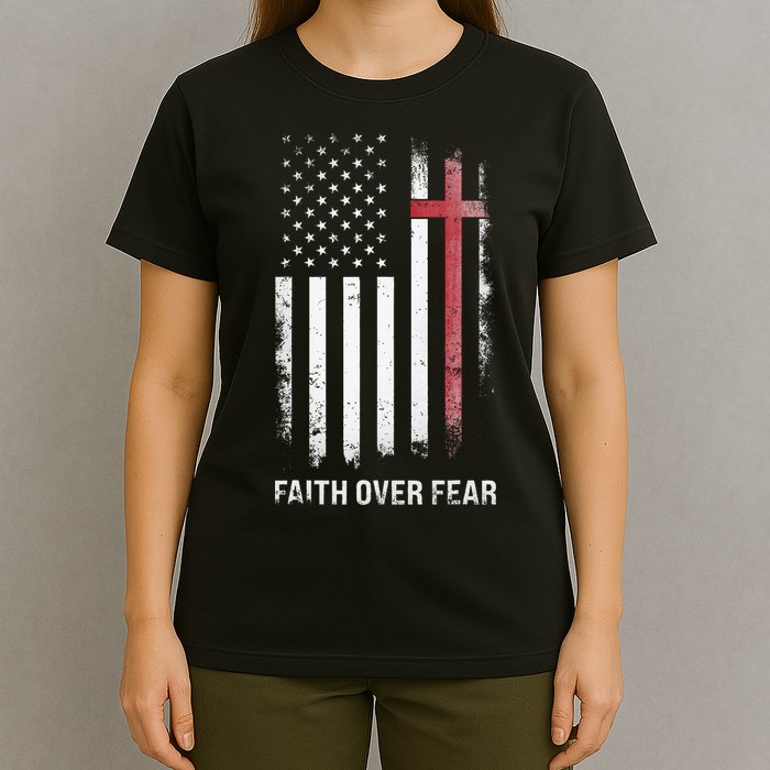Christian Us Usa Flag American Christ Faith Over Fear Cross T-Shirt