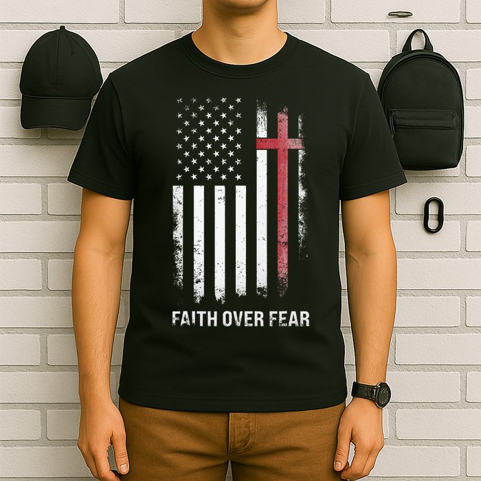Christian Us Usa Flag American Christ Faith Over Fear Cross T-Shirt