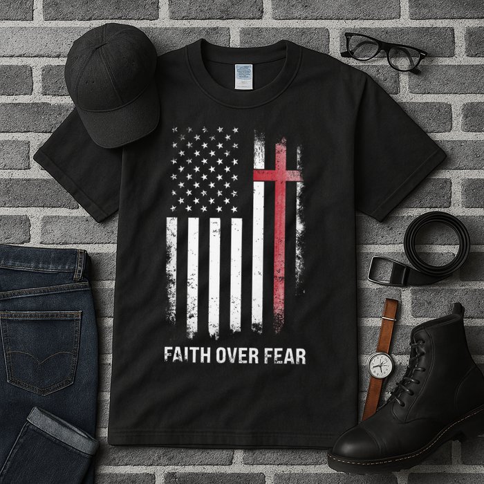 Christian Us Usa Flag American Christ Faith Over Fear Cross Tall T-Shirt
