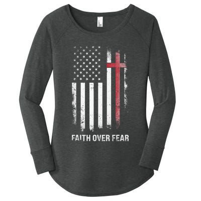 Christian Us Usa Flag American Christ Faith Over Fear Cross Women's Perfect Tri Tunic Long Sleeve Shirt