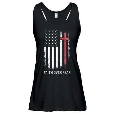 Christian Us Usa Flag American Christ Faith Over Fear Cross Ladies Essential Flowy Tank