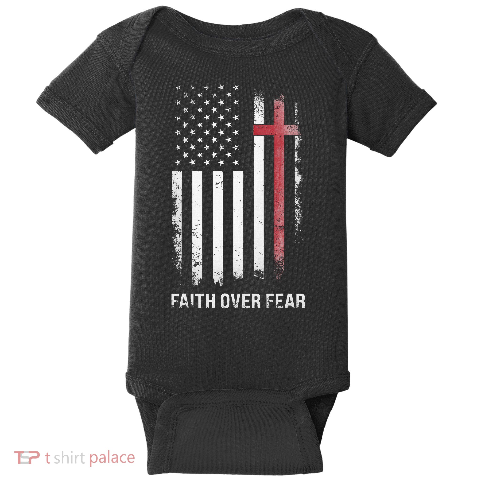 Christian Us Usa Flag American Christ Faith Over Fear Cross Baby Bodysuit