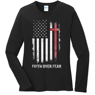 Christian Us Usa Flag American Christ Faith Over Fear Cross Ladies Long Sleeve Shirt