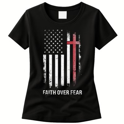 Christian Us Usa Flag American Christ Faith Over Fear Cross Womens T-Shirt