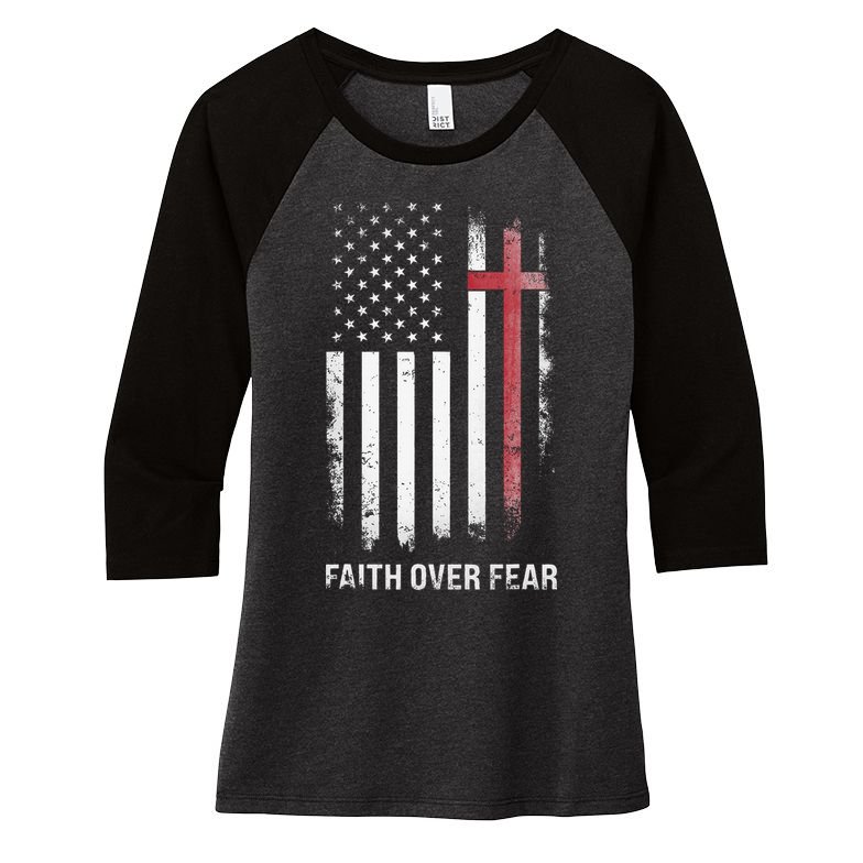 Christian Us Usa Flag American Christ Faith Over Fear Cross Women's Tri-Blend 3/4-Sleeve Raglan Shirt