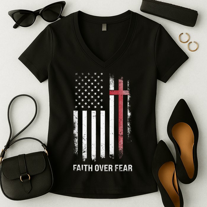 Christian Us Usa Flag American Christ Faith Over Fear Cross Women's V-Neck T-Shirt