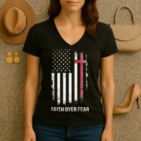 Christian Us Usa Flag American Christ Faith Over Fear Cross Women's V-Neck T-Shirt