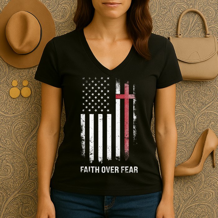 Christian Us Usa Flag American Christ Faith Over Fear Cross Women's V-Neck T-Shirt