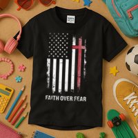Christian Us Usa Flag American Christ Faith Over Fear Cross Kids T-Shirt