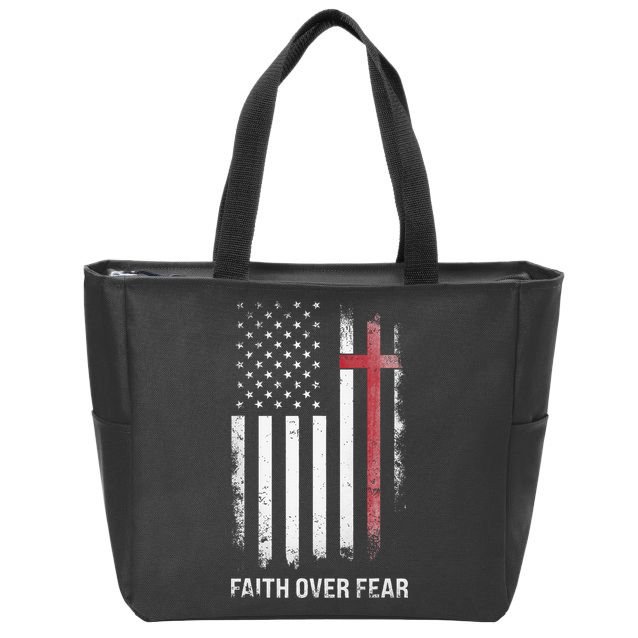 Christian Us Usa Flag American Christ Faith Over Fear Cross Zip Tote Bag